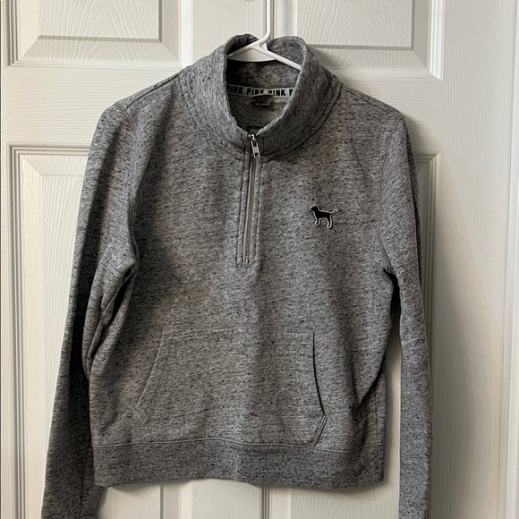 PINK Victoria Secret Tops - Victoria's Secret Pink Gray Half Zip Pullover Dog Logo PINK on back